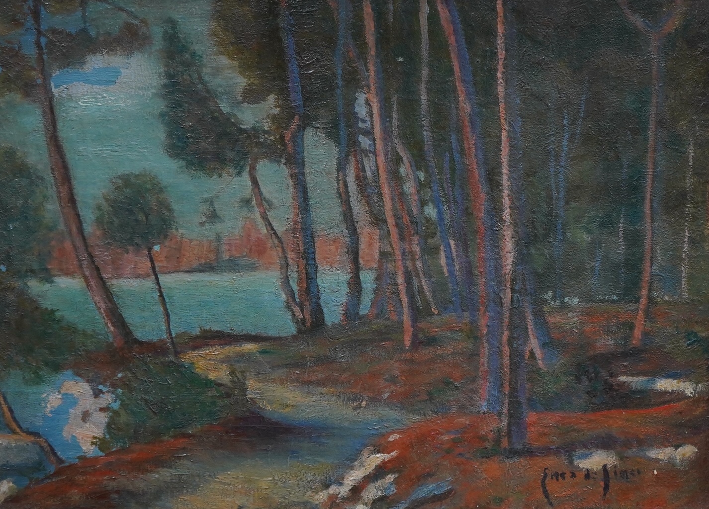 20th century, French impressionist oil on canvas, Woodland scene, 'Le bois du saint esprit de pavenzo', indistinctly signed Ernest ...?, inscribed verso, 26 x 36cm. Condition - poor